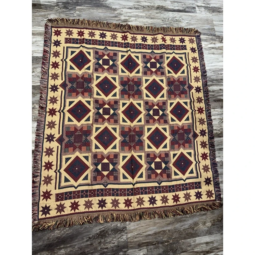 Vintage American Weavers Tapestry Star Patchwork Quilt Design Fringe Blanket